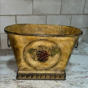 Vintage Gold Metal Planter with Grape Design
